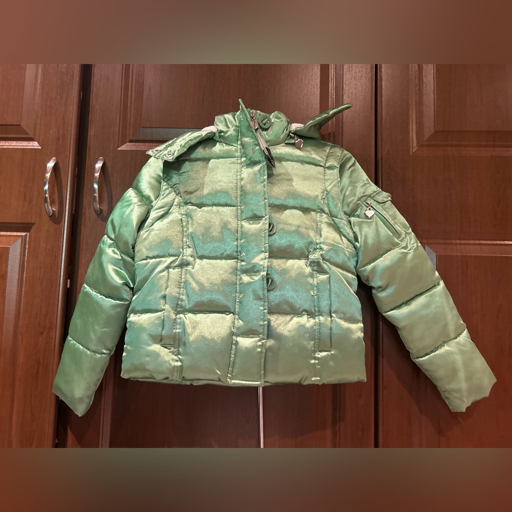 BNWT metallic green down puffer that converts into vest with removavle hood